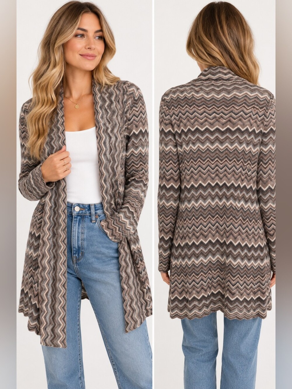Pure Cashmere 100% Cashmere Chevron Open Front Cardigan Sweater XL